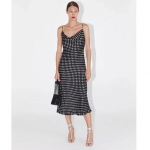 Zara Polka Dot Cowlneck Slip Midi Dress black white size small satin